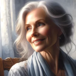 A realistic still life oil painting of a smiling grey haired beautiful older lady backlit from a window behind her AI