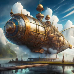 A steampunk airship docked at a virtual cloud station steam billowing from ornate brass engine AI