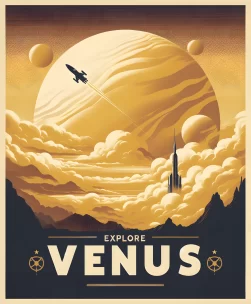 A vintage travel poster for Venus in portrait orientation. The scene portrays the thick yellowish clouds of Venus with a silhouette of a vintage rocket ship approaching AI