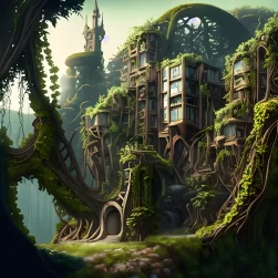 Fantasy futuristic jungle city AI