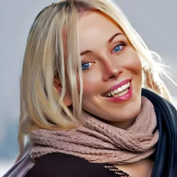 Happy smiling blue eyed blonde lady wearing a scarf ai