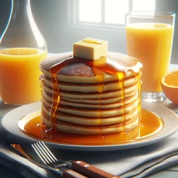 Pankakes covered with butter honey glass of orange juice ai