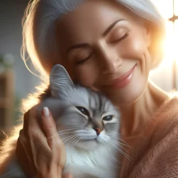 Realistic portrait of a smiling grey haired beautiful older lady with her eyes closed holding her well loved cat ai