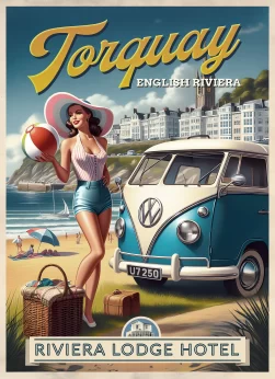 Vintage Retro poster for the town of Torquay Devon in the UK showing a beach scene from the 50s